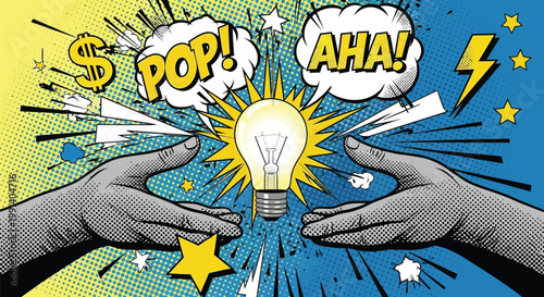 Comic book style trendy halftone collage illustration of an idea lightbulb moment with dynamic effects