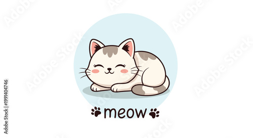 Adorable sleeping kitten with gray markings on its head and tail lying within a blue circle with meow text.