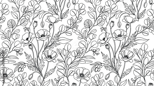 Elegant floral seamless pattern with detailed hand drawn poppy flowers and leaves.