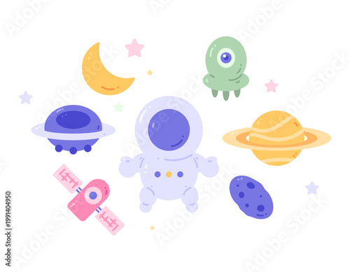 collection of space themed clipart illustrations or stickers. Astronaut, alien, satellite, UFO, meteor, crescent moon, planet Saturn. Outer space objects. Symbols, icons, elements, cute cartoon flat