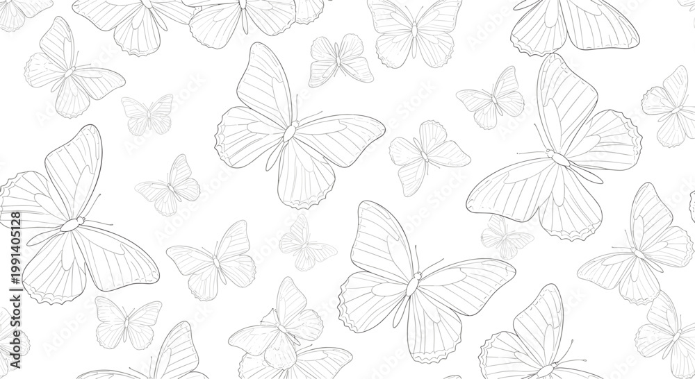 Obraz premium Delicate seamless pattern of butterfly line drawings in a random arrangement for nature inspired designs on white.