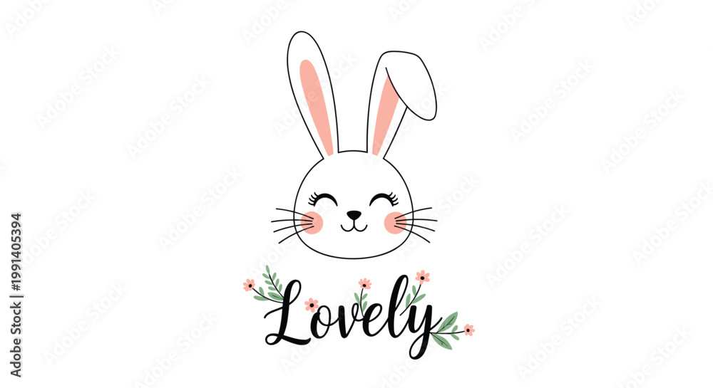 Fototapeta premium Charming bunny face illustration with pink ears and floral decorations above the word lovely in an elegant script.