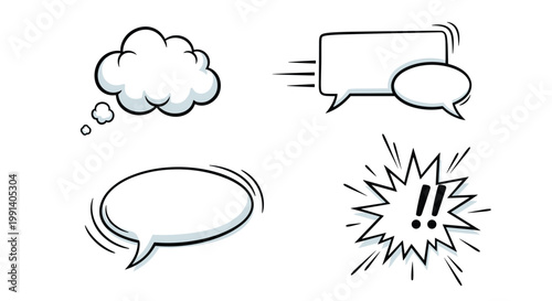 Collection of various comic-style speech bubbles and thought clouds with dynamic outlines and exclamation marks.