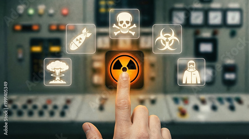 Post-Apocalyptic Hazard Activation Featuring Central Atomic Symbol and Neon Floating Threat Icons