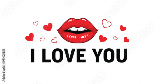 Vibrant red lips surrounded by floating hearts and the text I Love You for a romantic Valentine's Day greeting.