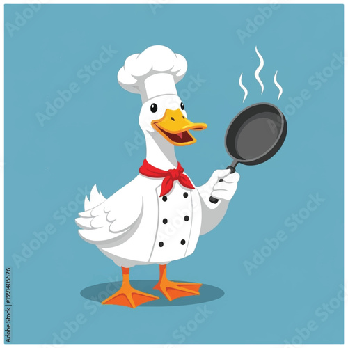 Cartoon Duck Chef Holding Frying Pan Ready to Cook.