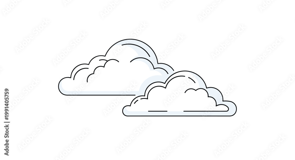 Fototapeta premium Minimalist illustration of two fluffy white clouds with a soft blue outline floating on a plain white background.