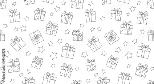 Minimalist black and white seamless pattern featuring various hand-drawn gift boxes with ribbons and scattered stars.