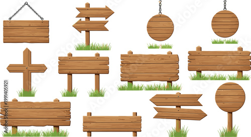 Rustic Wooden Signage Collection with Blank Boards, Directional Arrows, and Hanging Planks on Green Grass for Outdoor Park, Garden, and Farm Designs