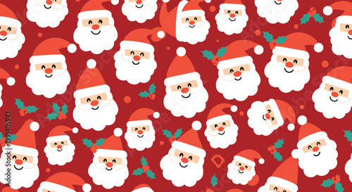 Festive Christmas seamless pattern featuring smiling Santa Claus faces with holly berries on a vibrant red background.