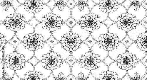 Vintage Monochrome Floral Ornament Seamless Pattern with Vines Vector Illustration