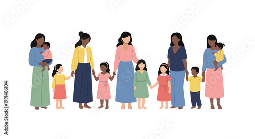 Celebrating International Mother's Day, a diverse group of mothers and their children stand together holding hands in a flat vector illustration against a clean white background