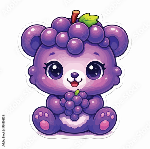 Adorable purple bear character designed with grape features sitting happily while holding a small bunch of fresh healthy grapes fruit