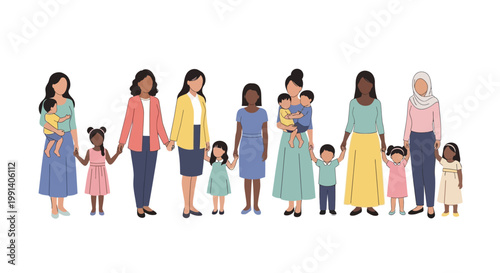 Celebrating International Mother's Day, a diverse group of mothers and children stand together holding hands against a clean white background, styled as a flat illustration with soft pastel