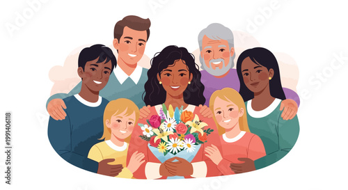 A diverse family celebrates International Mother's Day, with a smiling mother holding a vibrant bouquet of flowers, surrounded by her children, husband, and parents in a heartwarming group