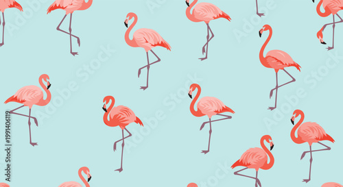 Tropical seamless pattern showcasing pink flamingos standing in various poses on a light blue background for summer and vacation designs.