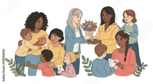 For International Mother's Day, an illustration shows a diverse group of children gifting flowers and presents to their mothers, with a soft color palette and a clean white background