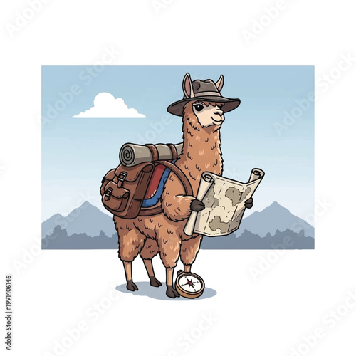 Cartoon Llama Explorer with Map and Backpack.