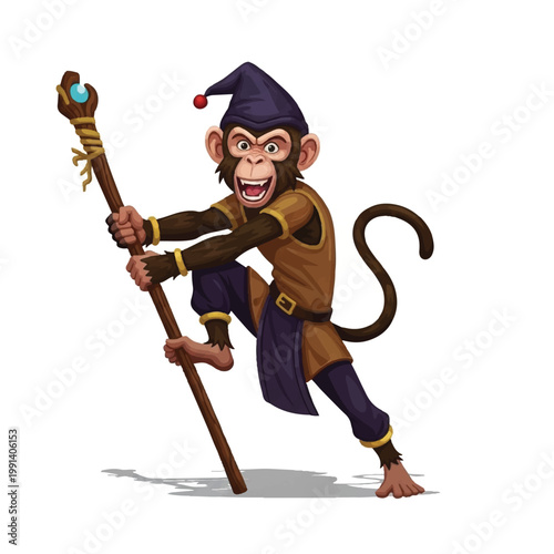 Cartoon Monkey Character Holding a Magical Staff.