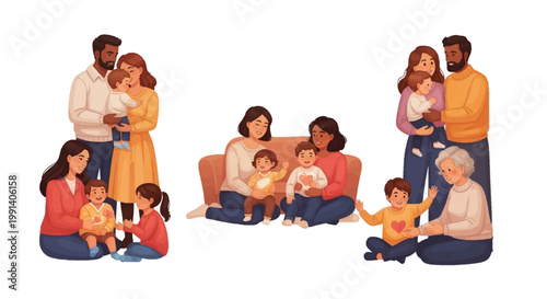 Celebrating International Mother's Day, a heartwarming illustration depicts diverse families with mothers holding their children, fostering a sense of love and togetherness in a bright