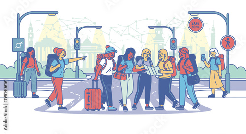 Group of travelers on city street illustration