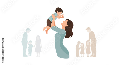A loving illustration celebrates International Mother's Day by showing a mother in a light blue dress joyfully lifting her son high into the air against a white background with faded family
