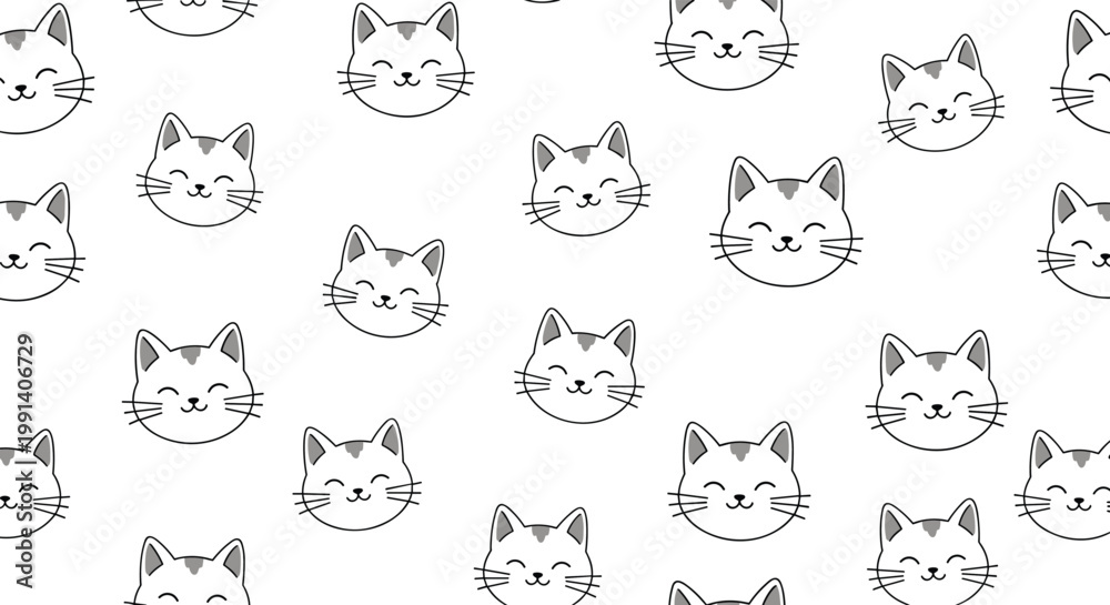 Obraz premium Adorable seamless pattern featuring multiple grey and white smiling cat faces with closed eyes on a clean white background.