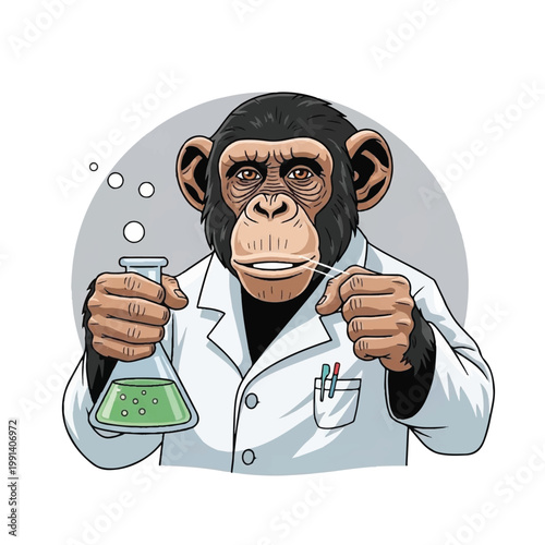 Chimpanzee scientist in lab coat holding flask with green liquid.