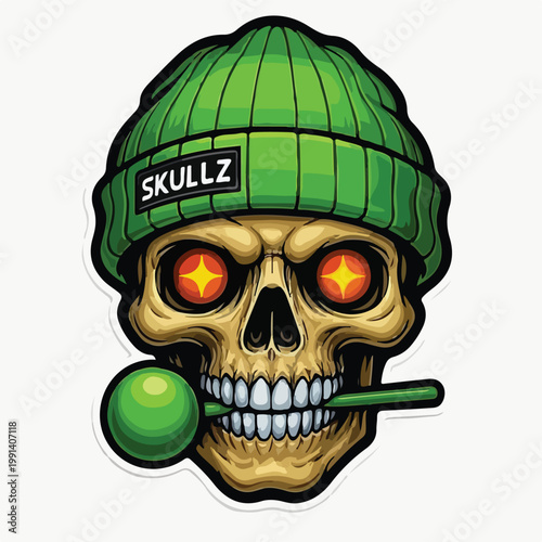 Grinning human skull wearing a vibrant green knitted beanie hat while biting down on a sweet round colorful lollipop candy