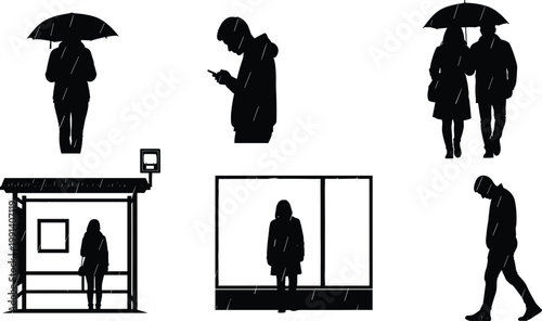 rainy day silhouettes, people waiting at bus stop, walking with umbrella, urban commuters, city rain scene, weather concept, black figures illustration