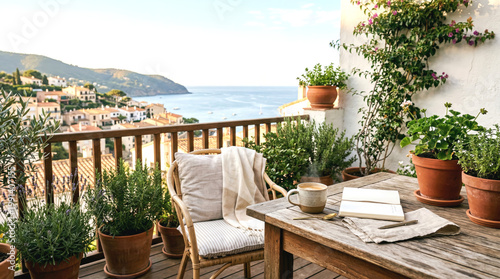 Cozy summer morning on terrace with coffee and plants, slow living and minimal aesthetic concept