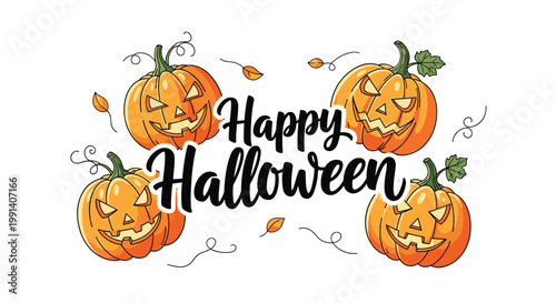 Four spooky orange jack o lanterns are surrounded by falling leaves and the festive happy halloween greeting on white.