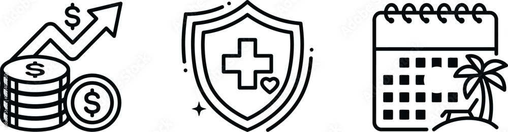 Obraz premium Set of financial and lifestyle icons including money growth health insurance and vacation.
