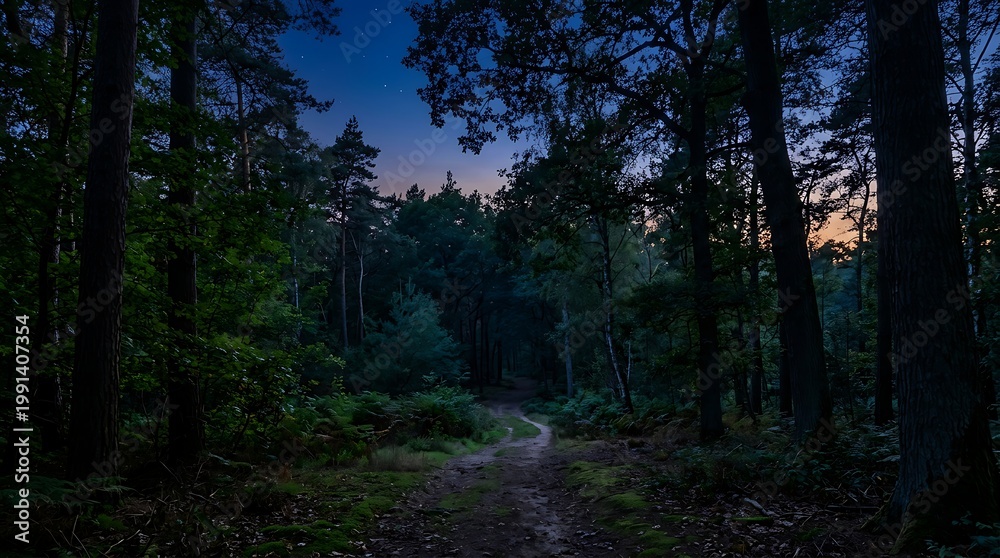 Obraz premium Serene Forest Path During Twilight with Tall Trees and Soft Natural Lighting