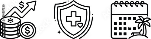 Set of financial and lifestyle icons including money growth health insurance and vacation.