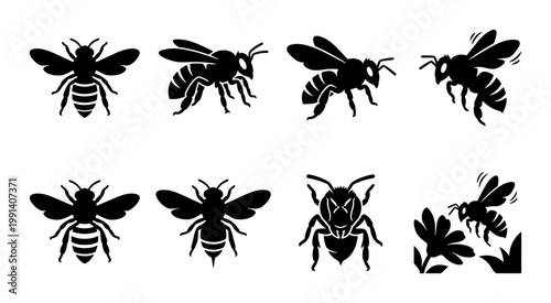 Honey bee silhouette icons set, black bumblebee vector graphics, flying insect collection for organic honey branding and nature logo design