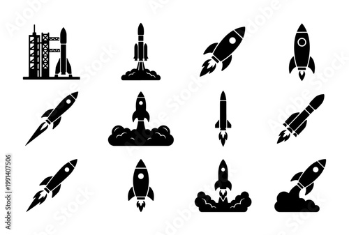 Rocket ship icon set, 12 space shuttle launch vector silhouettes, black spacecraft and rocket ship symbols for startup and technology projects