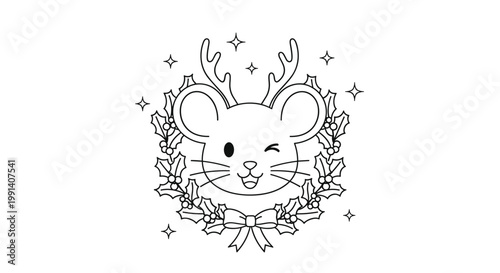 Little mouse with reindeer antlers is sitting inside a festive holly wreath with stars for a sweet christmas line art.