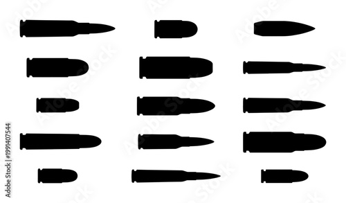 Military bullet silhouettes set, ammunition caliber icons for gun shop and shooting range, black weapon cartridge vector collection on white background