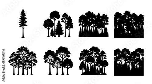 Black forest tree silhouettes, set of 8 nature landscape vector icons, minimalist pine and deciduous woodland elements for outdoor branding