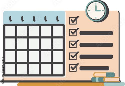 A calendar and checklist on a desk with clock and books nearby.