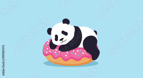 Lazy panda bear is sleeping peacefully on top of a large pink glazed donut with sprinkles against a light blue background.