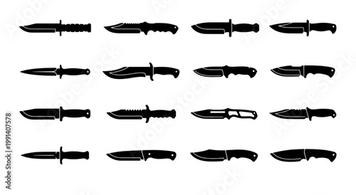 Tactical combat knife silhouettes, set of 16 military hunting knives, black steel blade icons for survival and outdoor adventure equipment