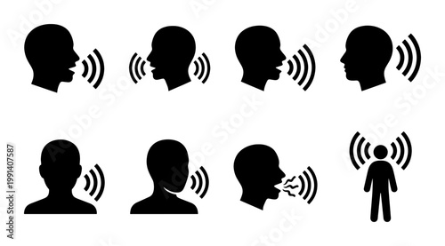 Voice recognition icons set, human head silhouettes with sound waves, speech and audio communication symbols, 8 black vector elements for UI design