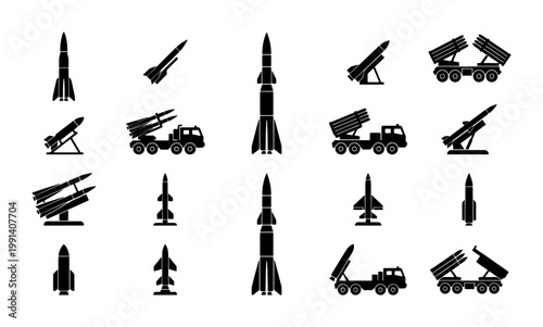 Military missile and rocket launcher icons, 15 black silhouette weapon vector set, ballistic missiles and mobile artillery systems for defense infographics