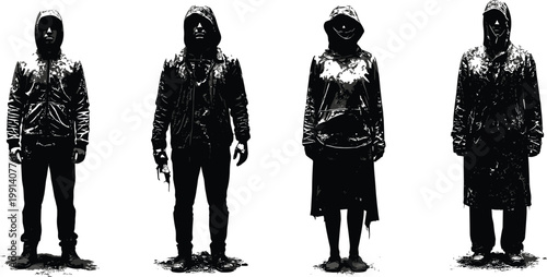 mysterious hooded figures silhouettes urban street people anonymity dark fashion group standing isolated vector style dramatic contrast concept art illustration