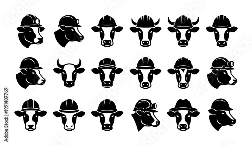 Industrial cow head icons with hard hats, set of 18 black and white livestock worker vectors, cattle wearing construction safety helmets