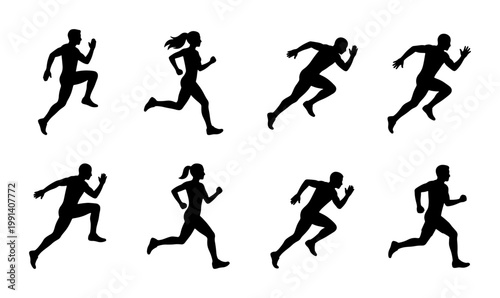 Athletic running silhouettes set, 8 black vector icons of male and female runners, sprinting people in motion, jogging and fitness exercise graphics