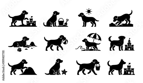 Black dog beach silhouettes, set of 12 labrador retriever icons playing in sand, puppy summer vacation vector graphics for pet travel
