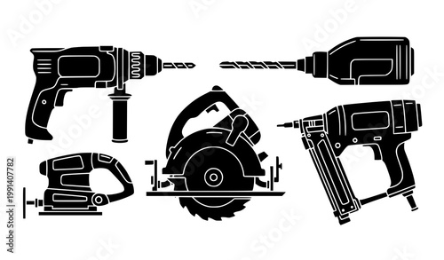 Power tools silhouette set with drill saw sander and nail gun for construction vector icons
